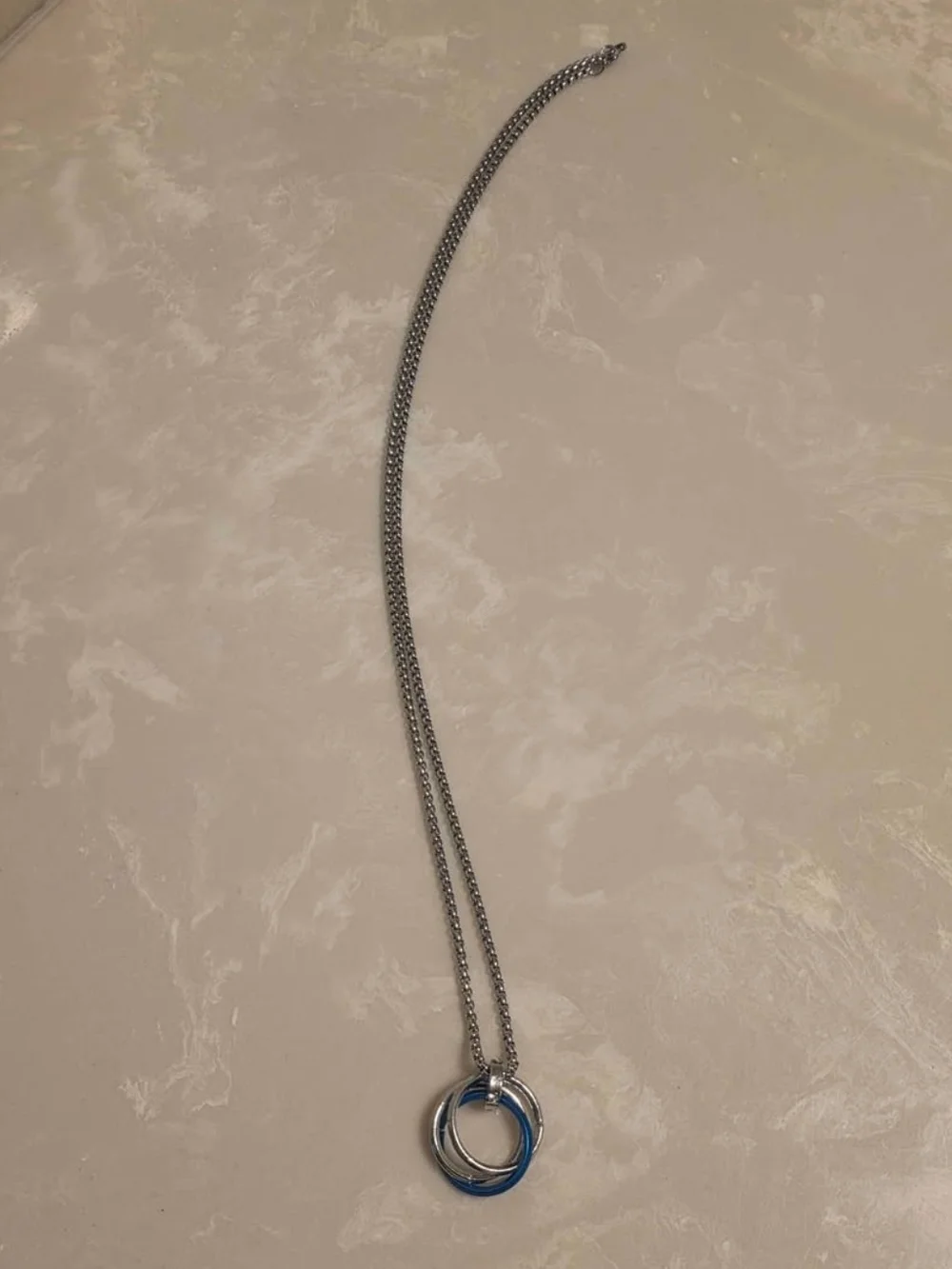Men's Blue and Silver Interlocking Ring Pendant Necklace